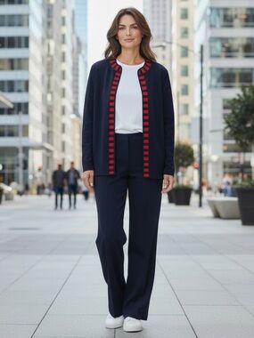 Misook Womens Navy Blue And Red Open Front Cardigan Blazer Business. Size Medium